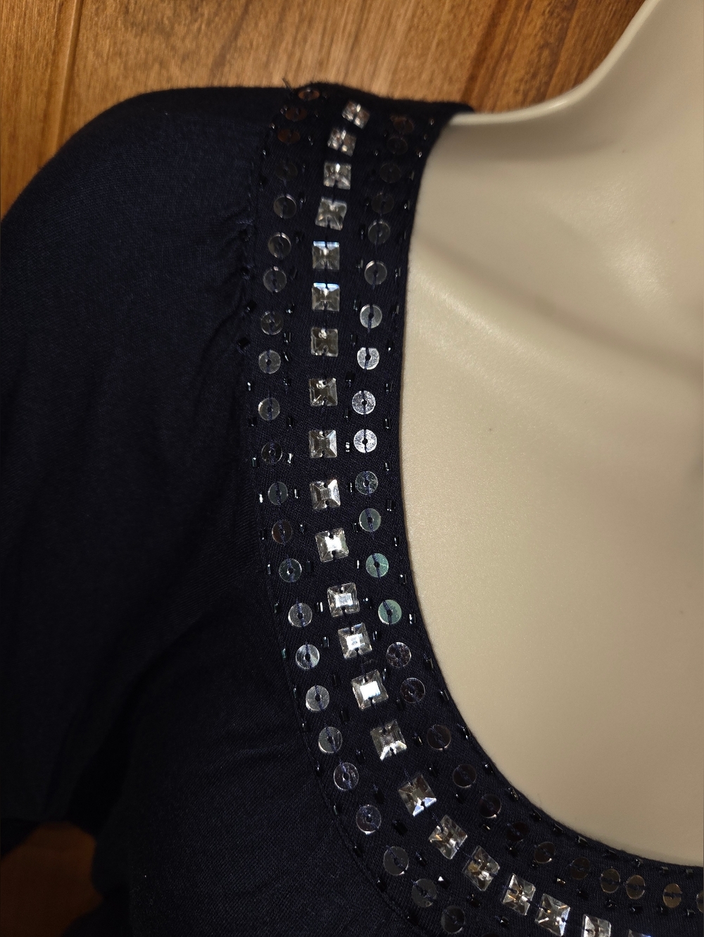 Apostrophe Navy Scoop Neck Short Sleeve Top with Sequin Trim - Picture 3 of 8